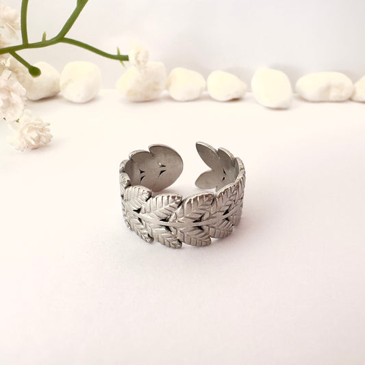 Anillo Hojas plateadas pulidas  - Ajustable