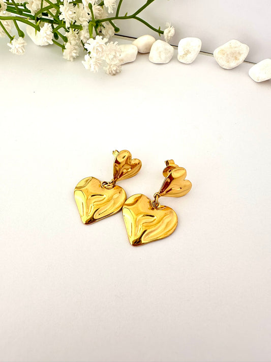 Pendientes Doble Corazón Oro - 3,1cm