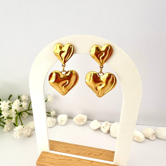Pendientes Doble Corazón Oro - 3,1cm