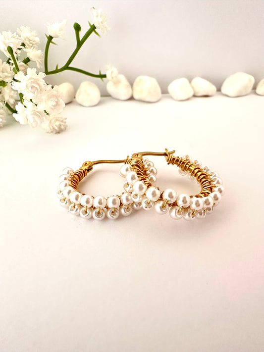 Aros con Mostacillas Blanco Perlado