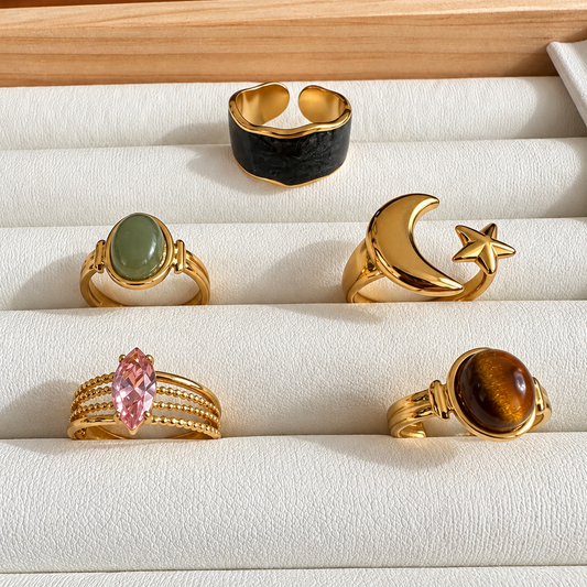 Lote de 5 Anillos Ajustables – Enchape de Oro 18K