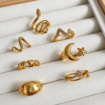 Lote Variado de 7 Anillos Ajustables – Enchape de Oro 18k