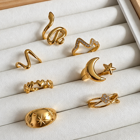 Lote Variado de 7 Anillos Ajustables – Enchape de Oro 18k