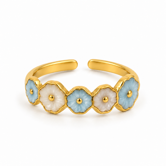 Anillo Flores Celestes - Ajustable - Enchape de Oro 18k