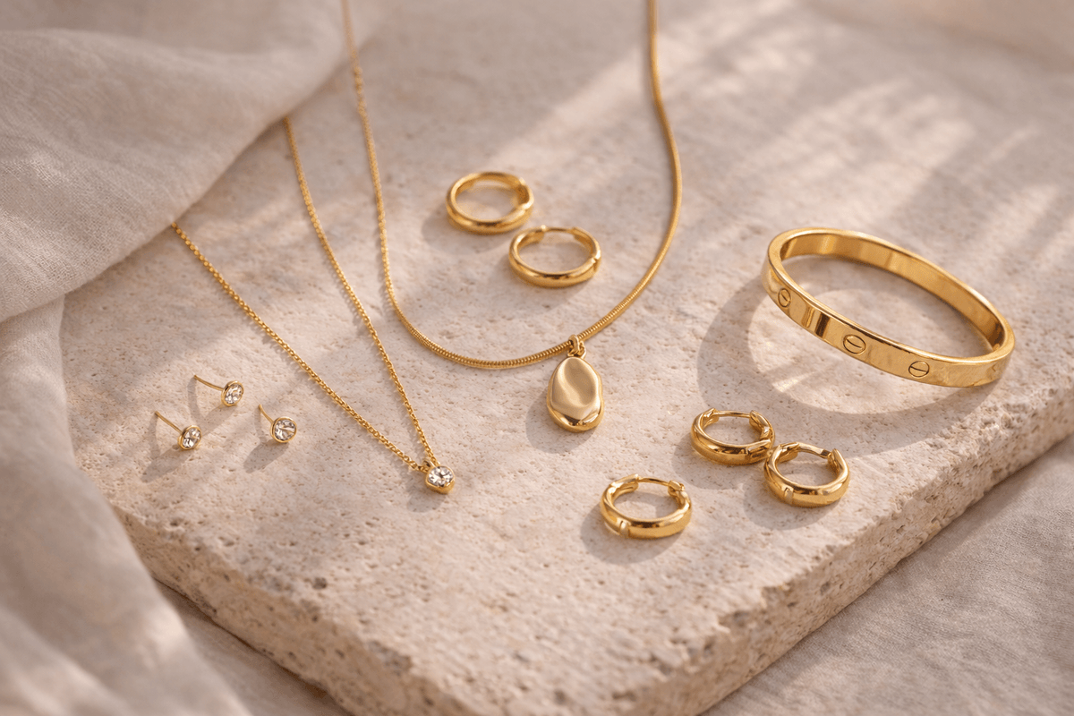 Selección de collares, aros y pulseras doradas de Glamora