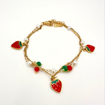 Pulsera Fresas y perlas - Enchape de Oro 18k