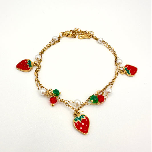 Pulsera Fresas y perlas - Enchape de Oro 18k