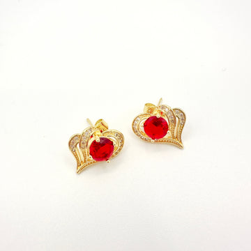 Aros Corazón Rubí con Circones - Baño de Oro 18k
