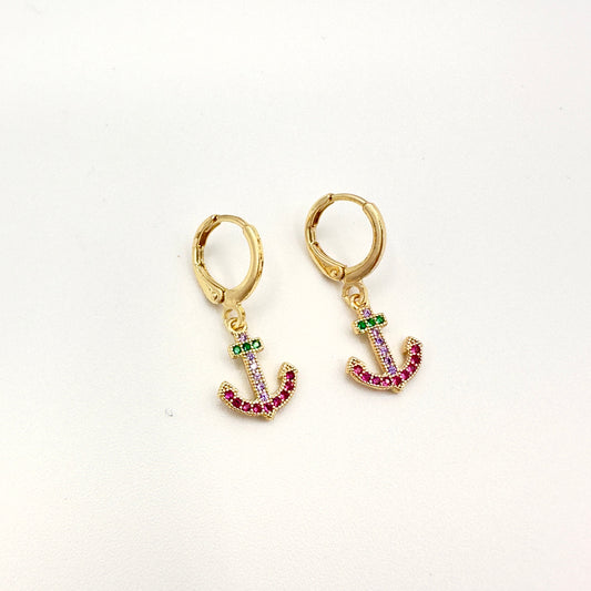 Aros Ancla con Circones Multicolor - Baño de Oro 18k