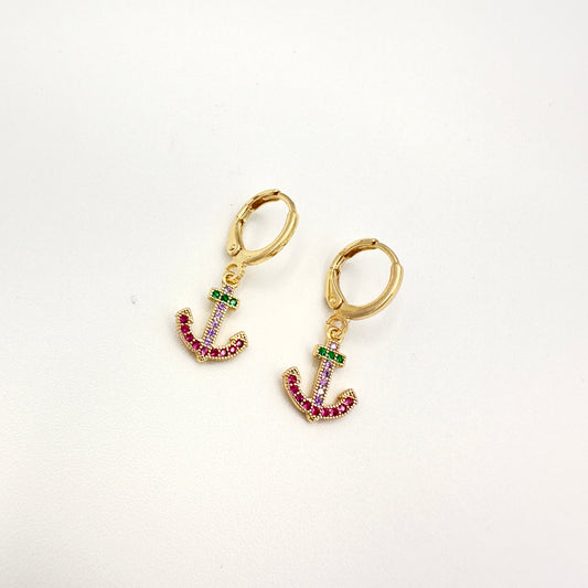 Aros Ancla con Circones Multicolor - Baño de Oro 18k