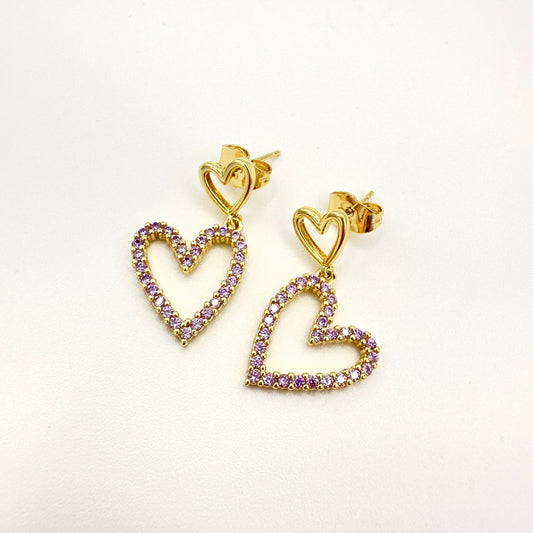 Aros Corazón Doble Violeta - Baño de Oro 18k