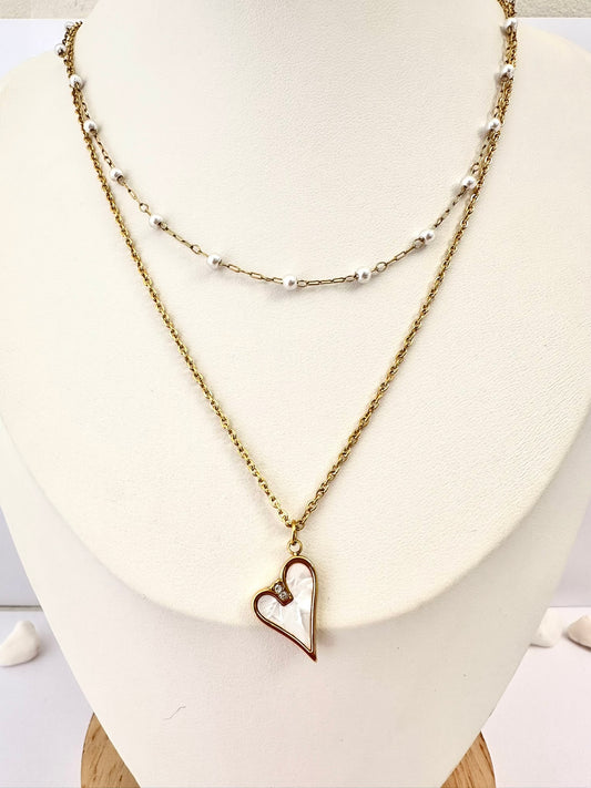 Collar Doble Corazón Nacarado