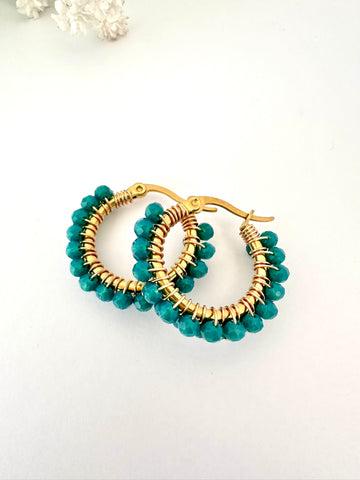 Aros con Mostacillas Verde Petróleo