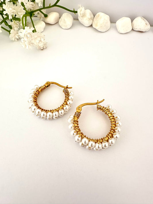 Aros con Mostacillas Blanco Perlado