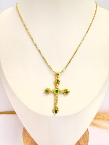 Collar Cruz Esmeralda – 50 cm - Baño de Oro - Glamora