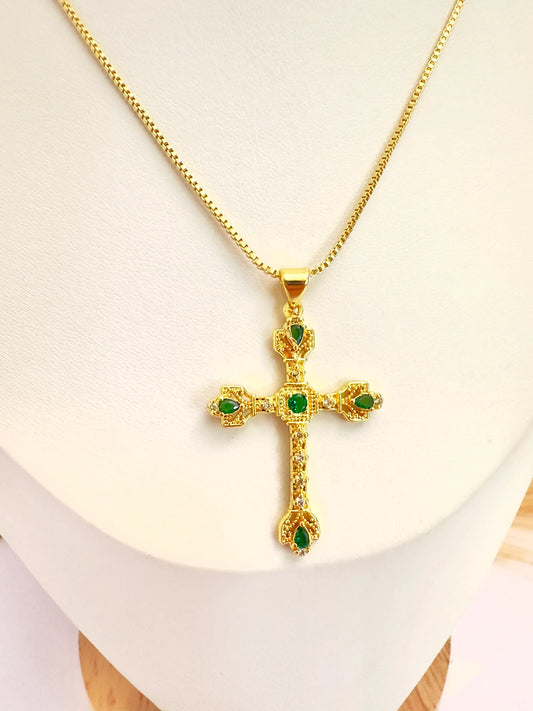 Collar Cruz Esmeralda – 50 cm - Baño de Oro - Glamora