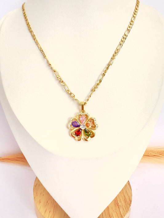 Collar Flor Brillante Multicolor – 47 cm - Baño de Oro - Glamora