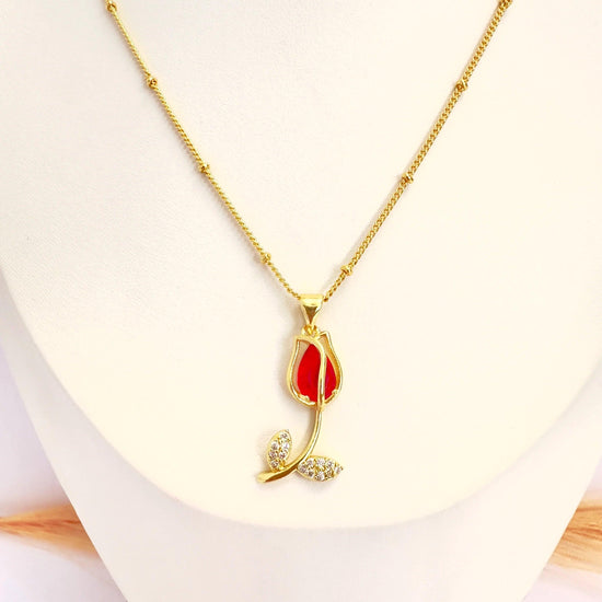 Collar Tulipán Rojo – 50 cm - Baño de Oro - Glamora