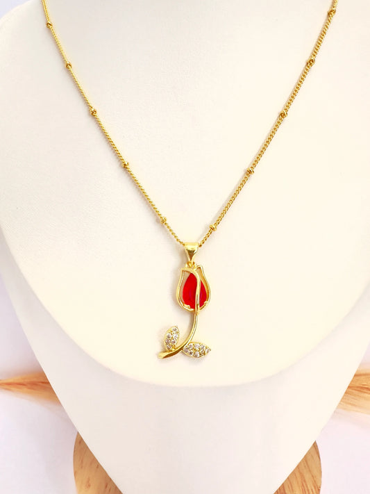 Collar Tulipán Rojo – 50 cm - Baño de Oro - Glamora