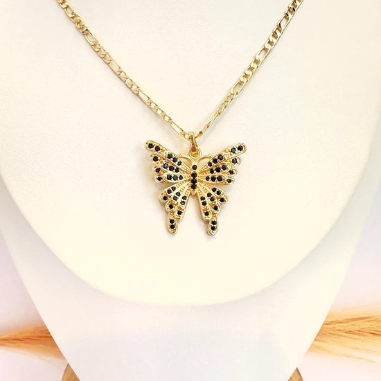 Collar Mariposa con Circones Negros – 47 cm - Baño de Oro - Glamora