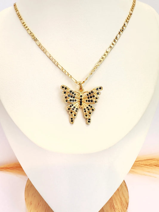 Collar Mariposa con Circones Negros – 47 cm - Baño de Oro - Glamora