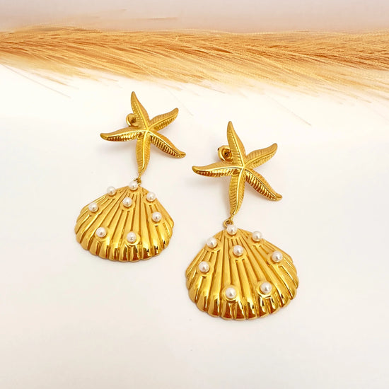 Pendientes Estrella & Concha Perlada – 6 cm - Glamora