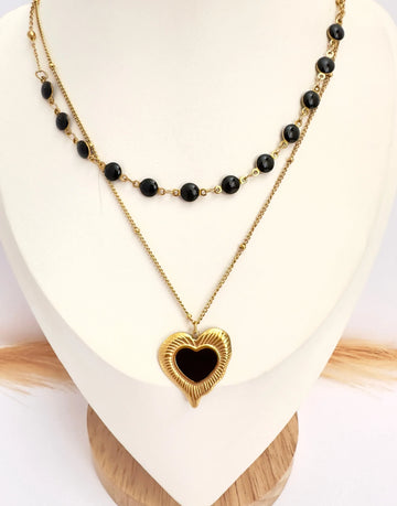 Collar Doble Corazón Negro Oro - 50cm - Glamora