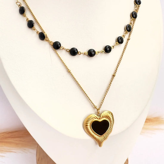 Collar Doble Corazón Negro Oro - 50cm - Glamora