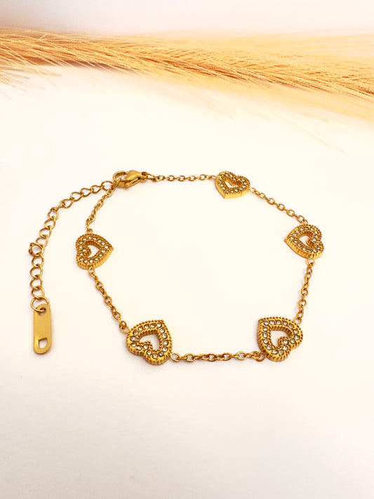 Pulsera Corazones Cristal Oro  17+5cm