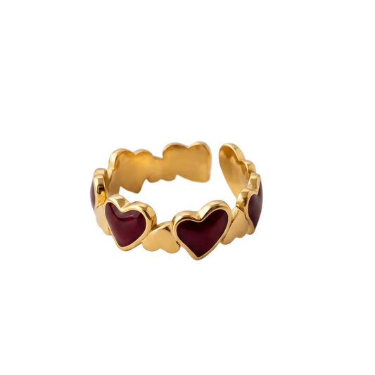 Anillo corazones Burdeo - Enchape de Oro 18k -  Ajustable