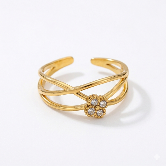 Anillo Flor Brillante - Enchape de Oro 18k - Ajustable